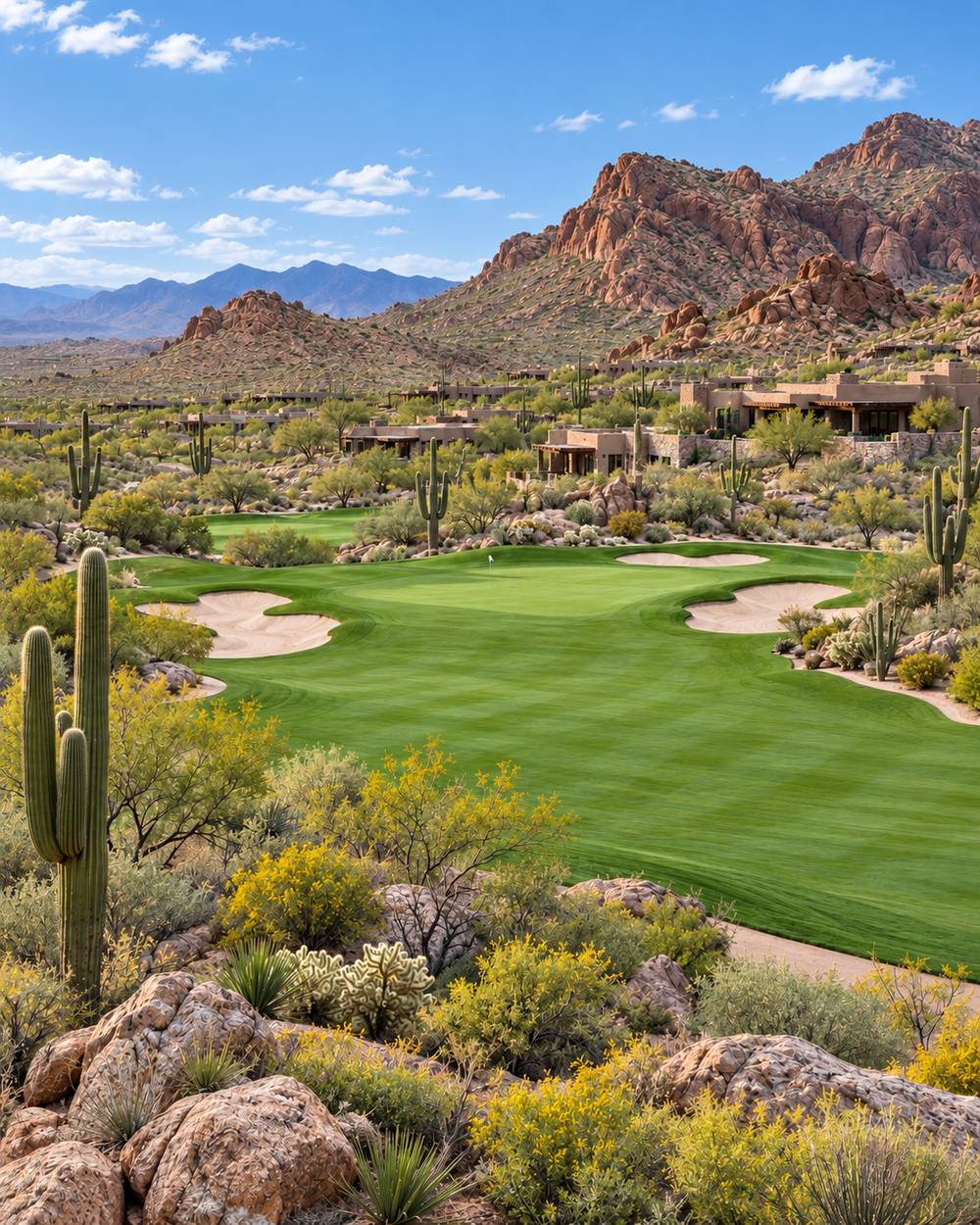A green fairway winding between saguaro cactus and desert scrub under a clear blue sky, with red rock ridges and low adobe-toned buildings behind