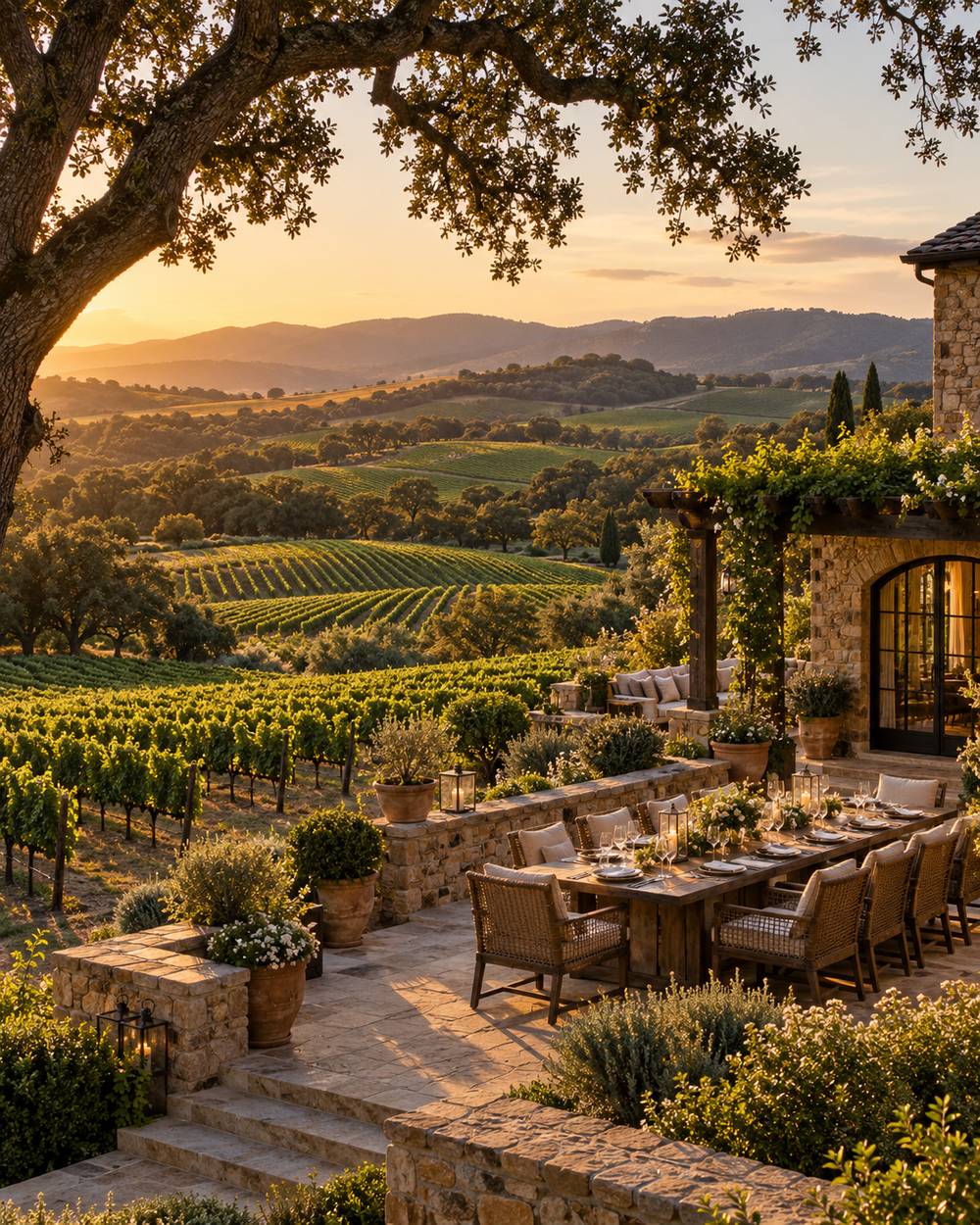 A stone terrace set for dinner at golden hour, looking out over rows of vines on rolling hills dotted with oaks