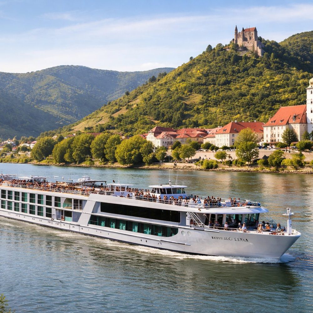 River cruise ship sailing the Danube past a hilltop castle