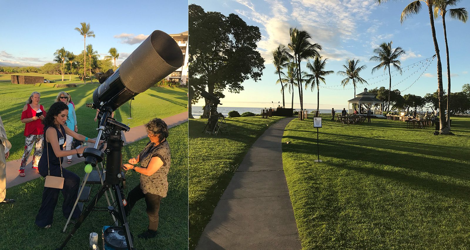 Guests looking through a telescope on an oceanfront lawn at sunset, and the lawn set for dinner under palms and string lights.
