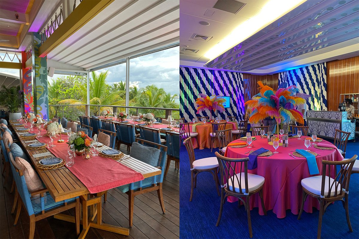 Two dining rooms set for the Council: a long terrace table with coral runners overlooking palms, and round tables with bright feather centerpieces.