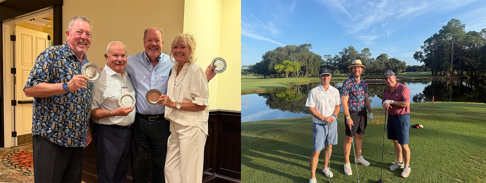 Golf tournament winners holding silver award plates indoors, and three golfers on a green course beside a pond.