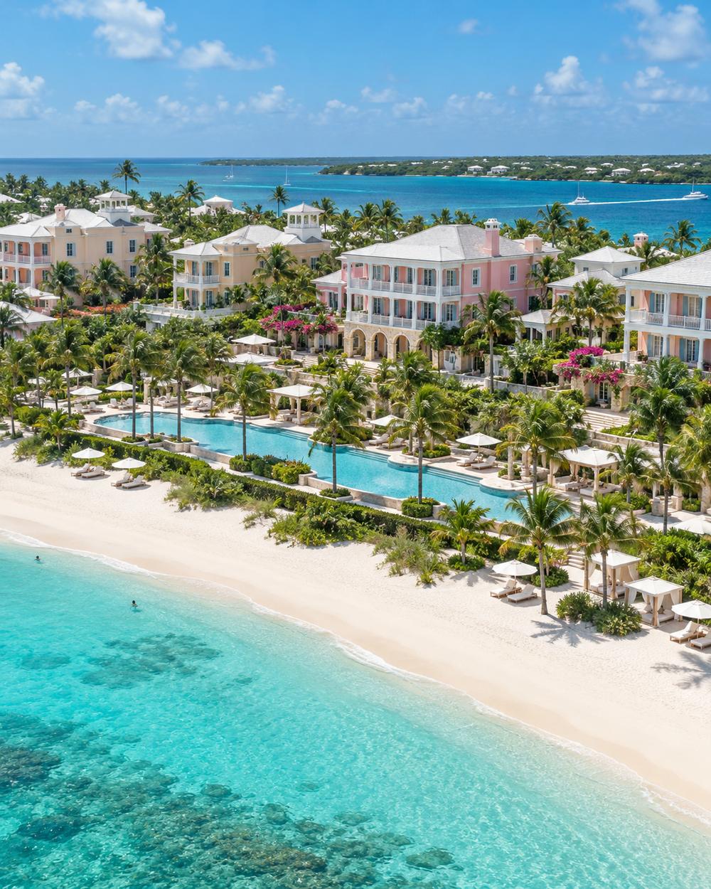 Pastel colonial-style resort buildings and a long pool among palms, above a white beach and clear turquoise shallows