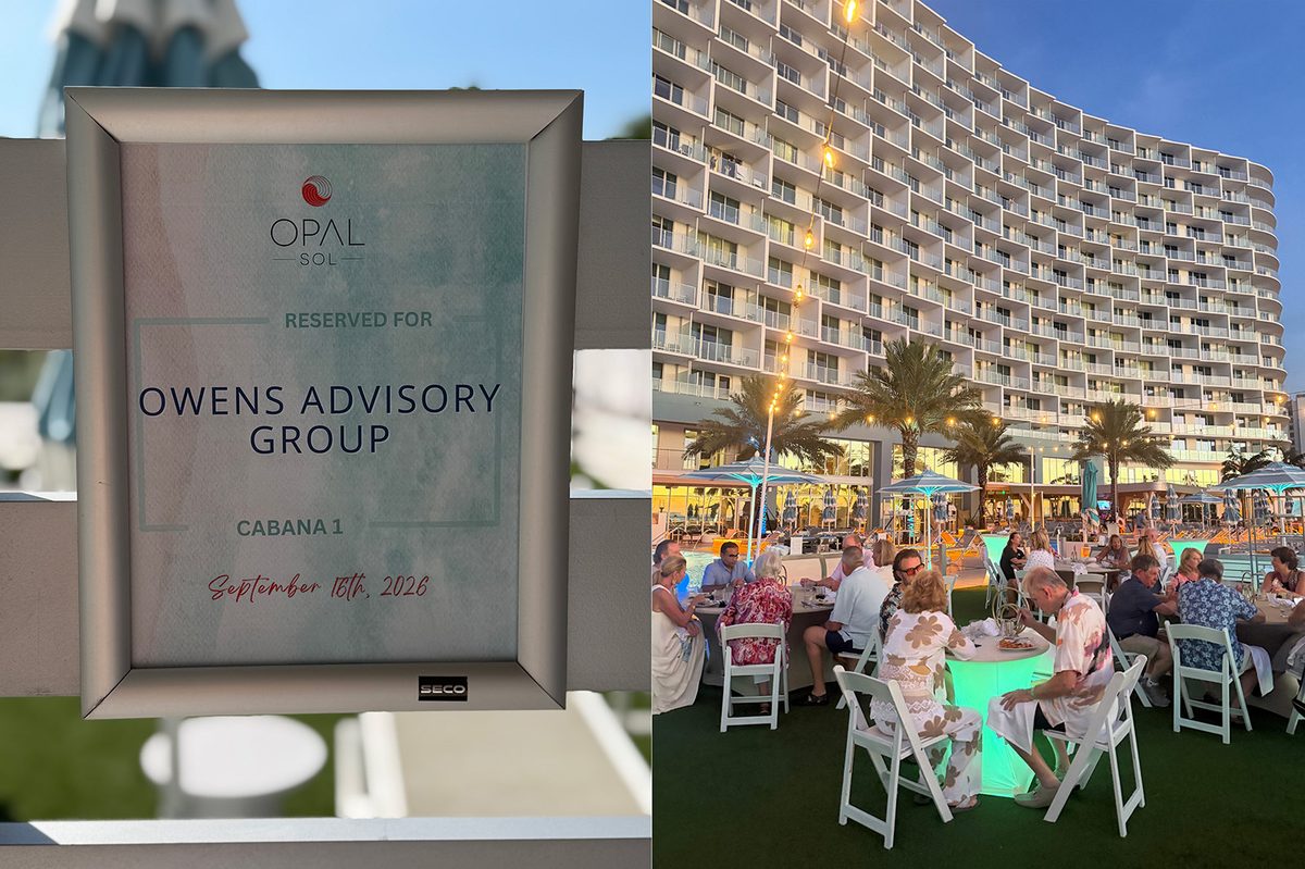A reserved-cabana sign for the Owens Advisory Group at Opal Sol, beside council members dining poolside below the resort tower at dusk.