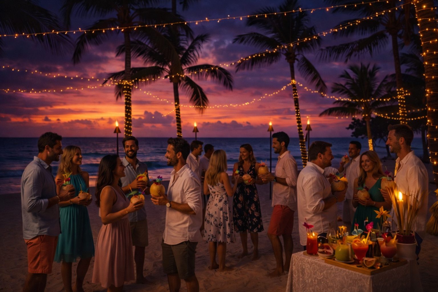 Guests mingling at a beachfront evening reception under string lights