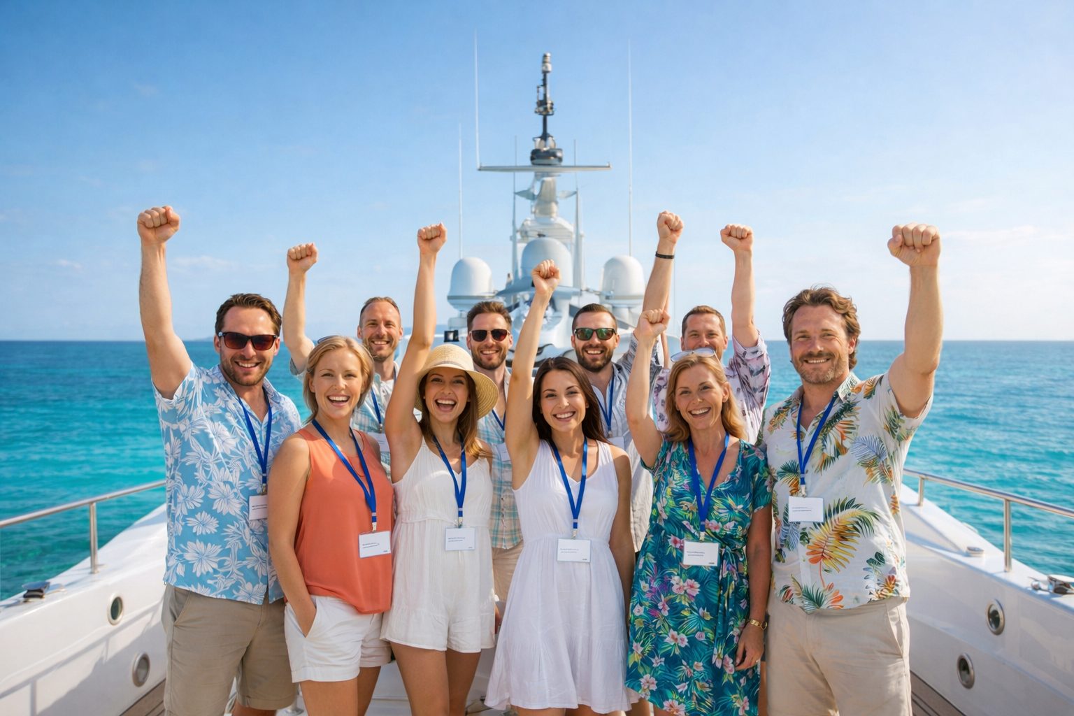 Group of colleagues celebrating on a yacht at sunset