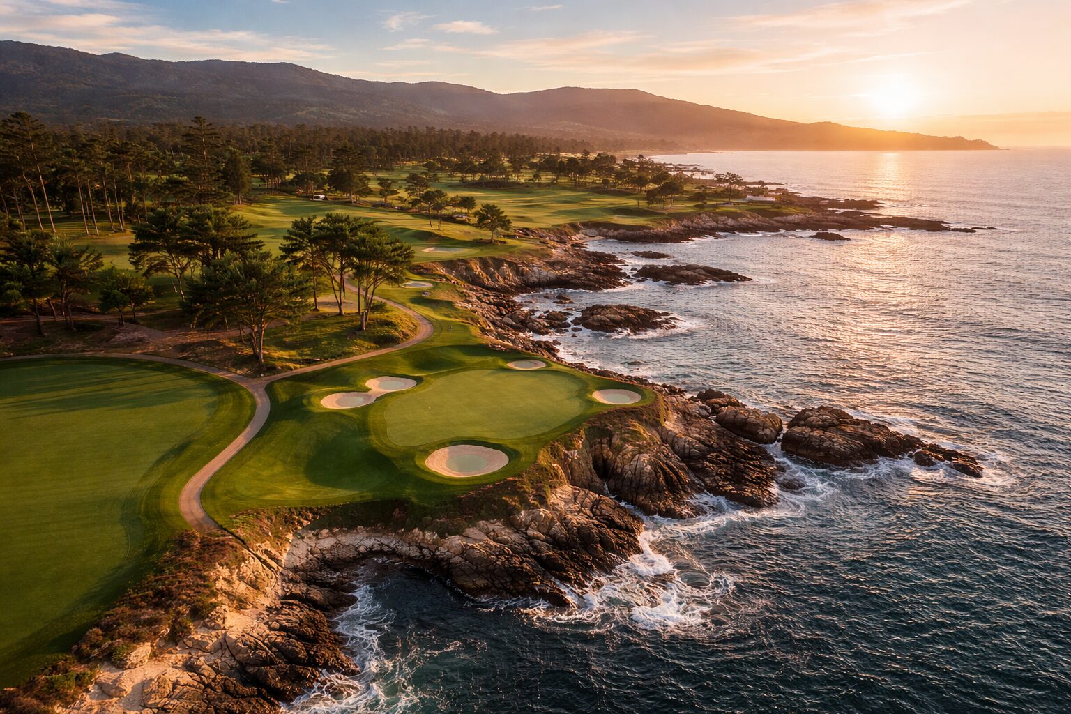 Oceanfront golf course at sunset along a rocky coastline